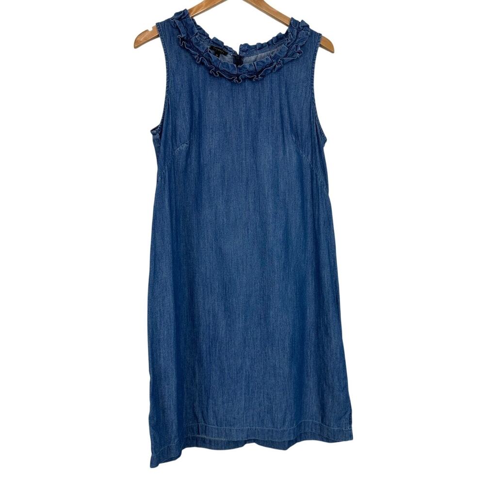 Talbots Dark Chambray 100% Cotton Ruffle Neck Sheath Dress